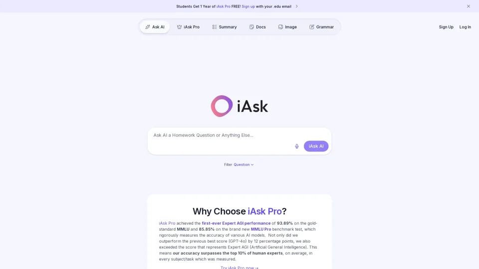 Ask AI Questions · Free AI Search Engine · iAsk.Ai is a Free Answer Engine, AI Homework Help & Assistance, Enabling Users to Ask ChatGPT AI Any Question (iAsk)